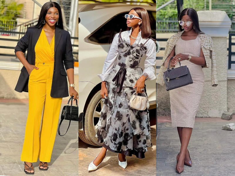 A woman wearing different types of modest outfits